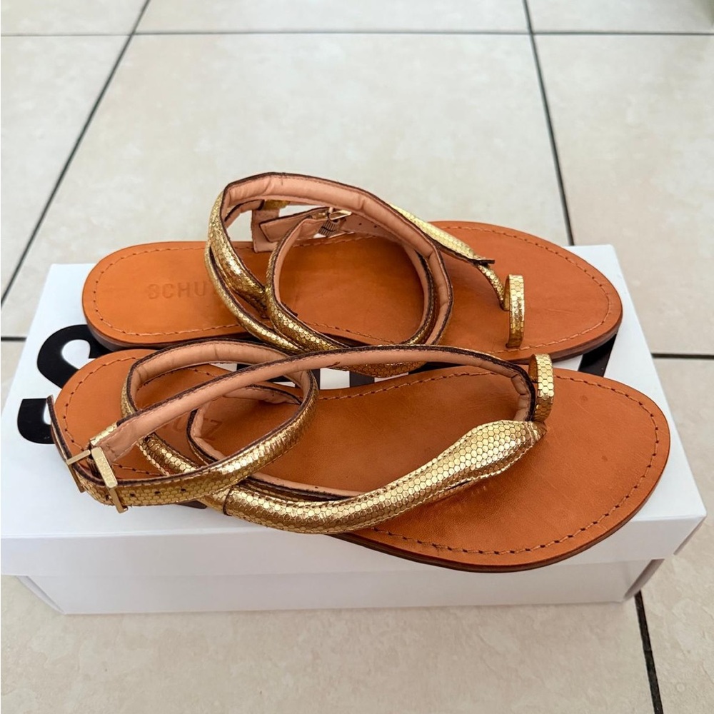 SCHUTZ Courtney Gold Leather Ankle Strap Sandals